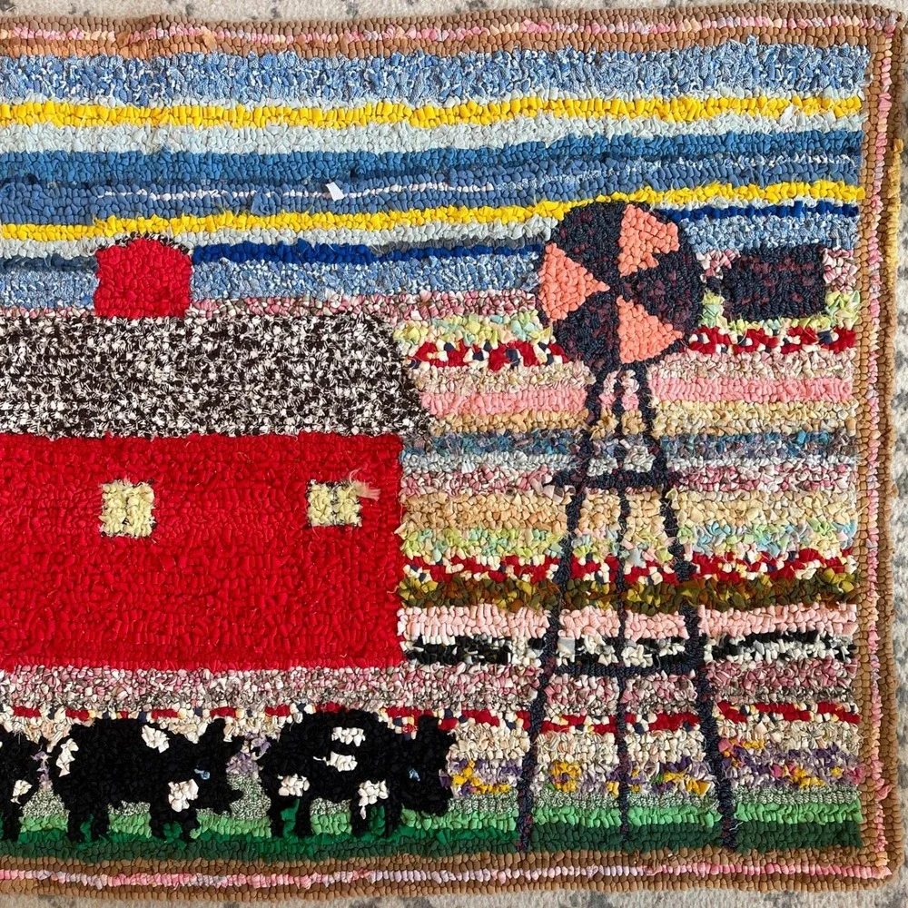 VTG Boho Grandma Cottage Core Rug Folk Art Hooked Farm Red Barn 46.75